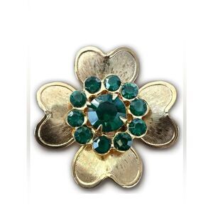 Vintage Gold-Tone Flower Brooch with Emerald Green Rhinestones